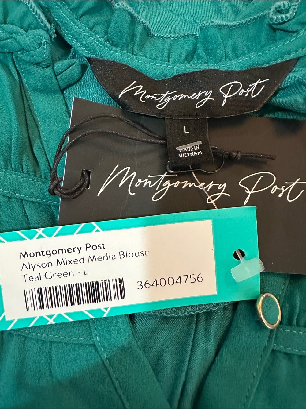 MONTGOMERY POST Alyson Mixed Media Blouse - Teal Green - L - Picture 5 of 5